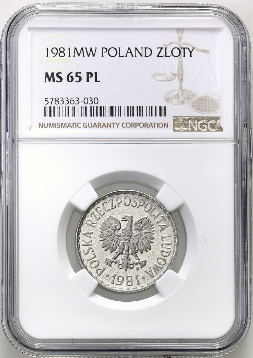 PRL. 1 złoty 1981 Aluminium NGC MS65 PL (Proof like) (2 MAX)